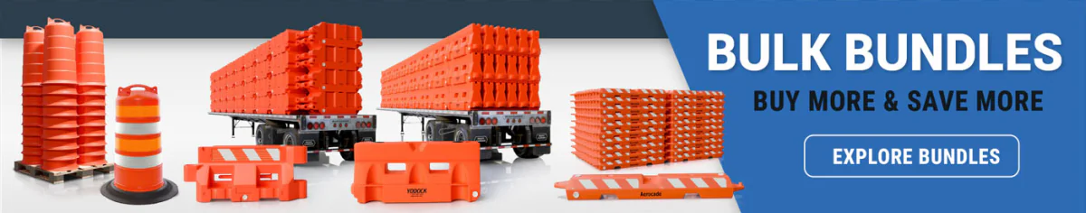 Bulk traffic control bundles from Traffic Cones For Less include cones, barricades, and channelizers at volume pricing. Ideal for construction, municipalities, and events looking to buy more and save more.