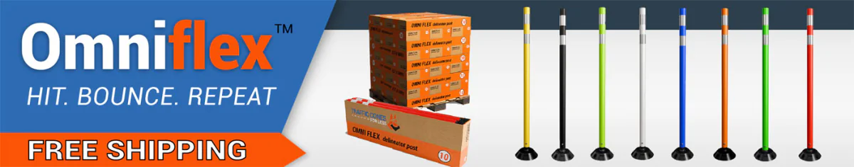 Omniflex delineator posts from Traffic Cones For Less are engineered with a sturdy base that enables the post to rebound after impact. Available in multiple colors with free shipping for durable traffic control solutions.
