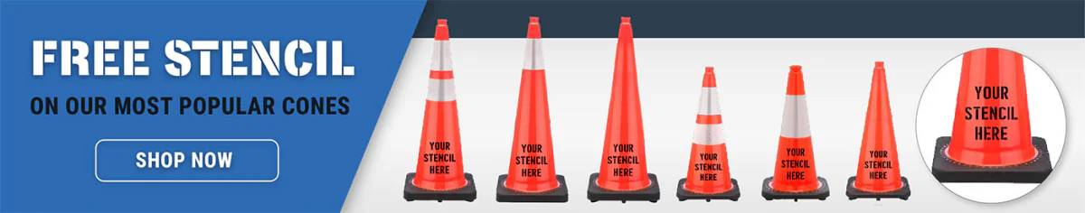 Get free stencil customization on our most popular traffic cones from Traffic Cones For Less. Add your name, logo, or message to improve visibility, safety, and identification at job sites and facilities.
