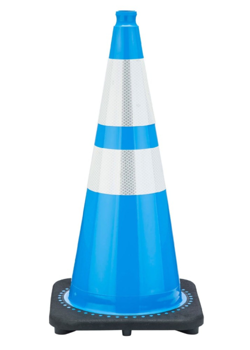 28" Sky Blue Traffic Cone, 7 lb Black Base, w/6" & 4" 3M Reflective Collars