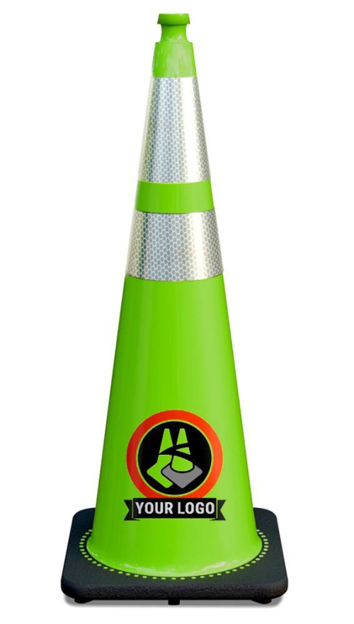 36" Lime Traffic Cone, w/6" & 4" 3M Reflective Collars w/Color Artwork 