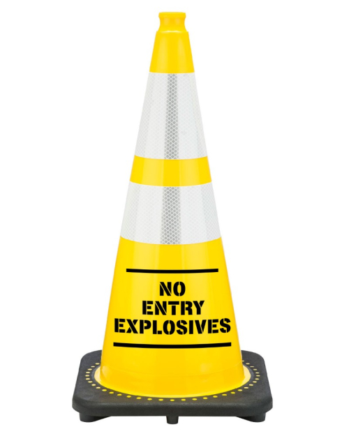 28" Yellow No Entry Explosives STENCIL Traffic Cone, 7 lb Black Base,  w/6" & 4" Reflective Collar