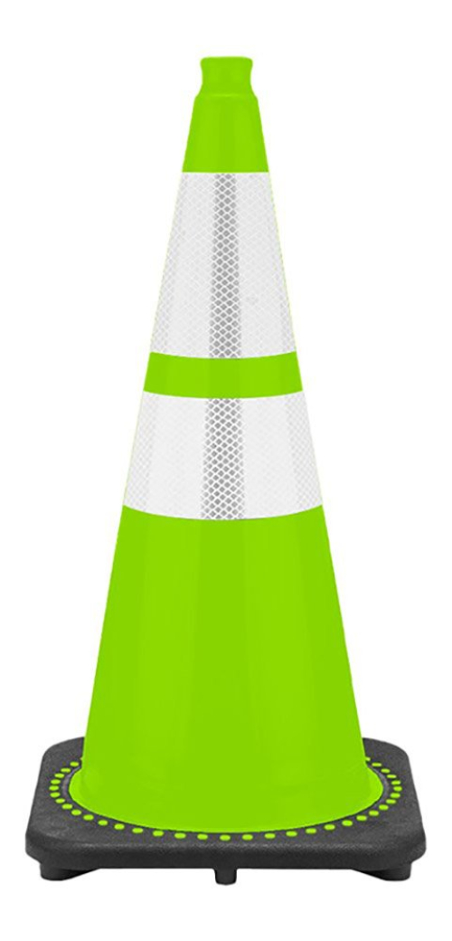 Govt Agency 28" Lime Green Traffic Cone, 7 lb Black Base,  w/6" & 4" 3M Reflective Collars 