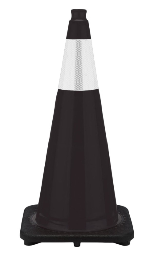 28" Black Traffic Cone, 7 lb Black Base, w/6" Reflective Collar