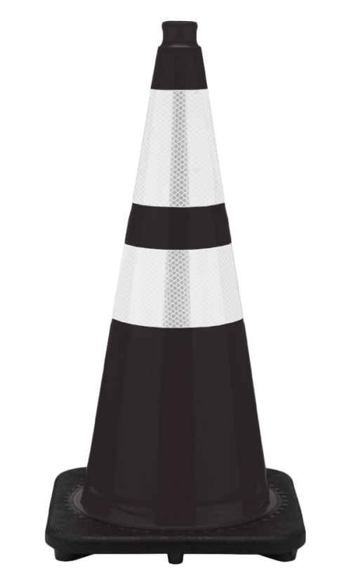 28" Black Traffic Cone, 7 lb Black Base, w/6" & 4" 3M Reflective Collars