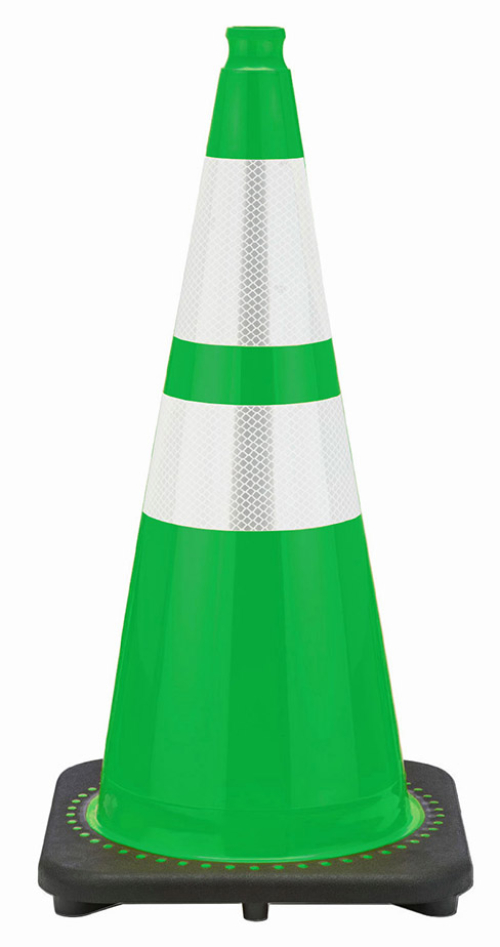 28" Kelly Green Traffic Cone, 7 lb Black Base,  w/6" & 4" Reflective Collar
