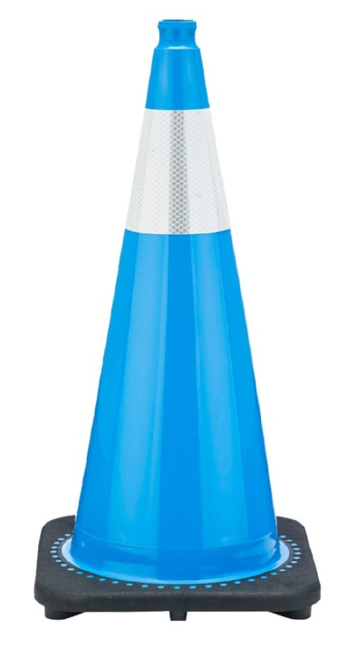 28" Sky Blue Traffic Cone, 7 lb Black Base, w/6"  Reflective Collar