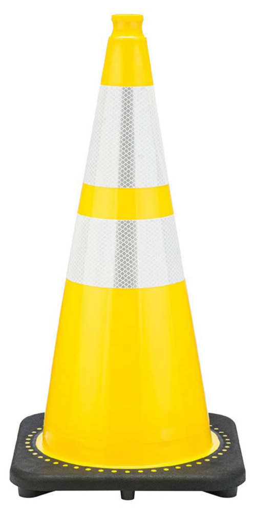 28" Yellow Traffic Cone, 7 lb Black Base, w/6" & 4" 3M Reflective Collar