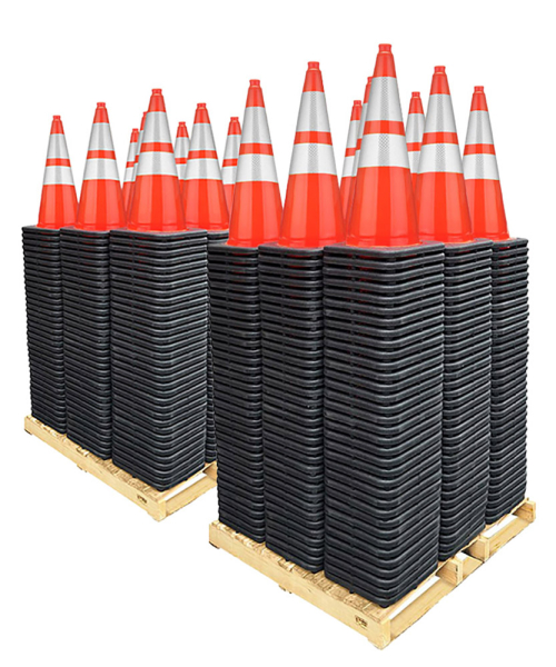 28" Orange Traffic Cones, 7 lb Black Base, w/6" & 4" 3M Reflective Collars Two Pallet