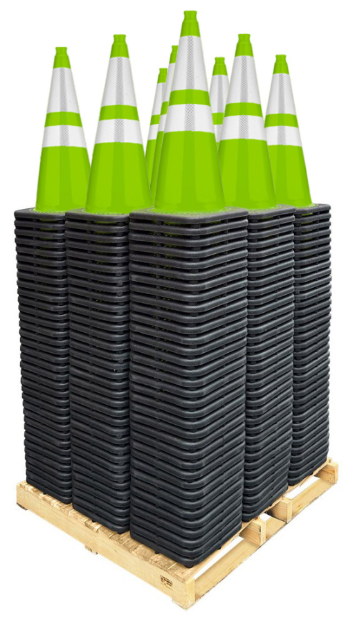 28" Lime Traffic Cones, 7 lb Black Base, w/6" & 4" 3M Reflective Collars Pallet