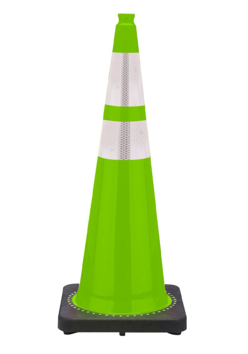 36" Lime Green Traffic Cone, 10 lb Base, w/6" & 4" 3M Reflective Collar