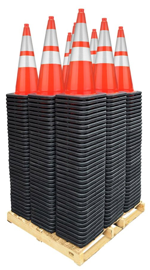 Govt Agency Pallet Bundle 28" Orange Traffic Cones, 7 lb Black Base, w/6" & 4" 3M Reflective Collars
