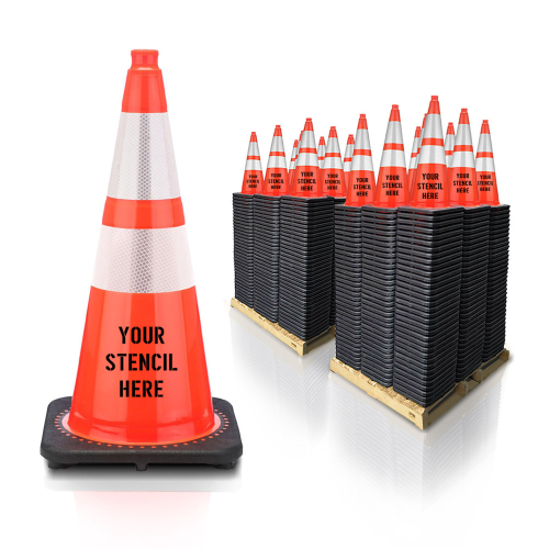 28" Orange Stencil Traffic Cones, 7 lb  JBC Base, w/6" & 4" 3M Reflective Collars 