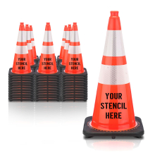 FREE STENCIL 28" Orange Traffic Cone, 7 lb Black Base, w/6" & 4" 3M Reflective Collar