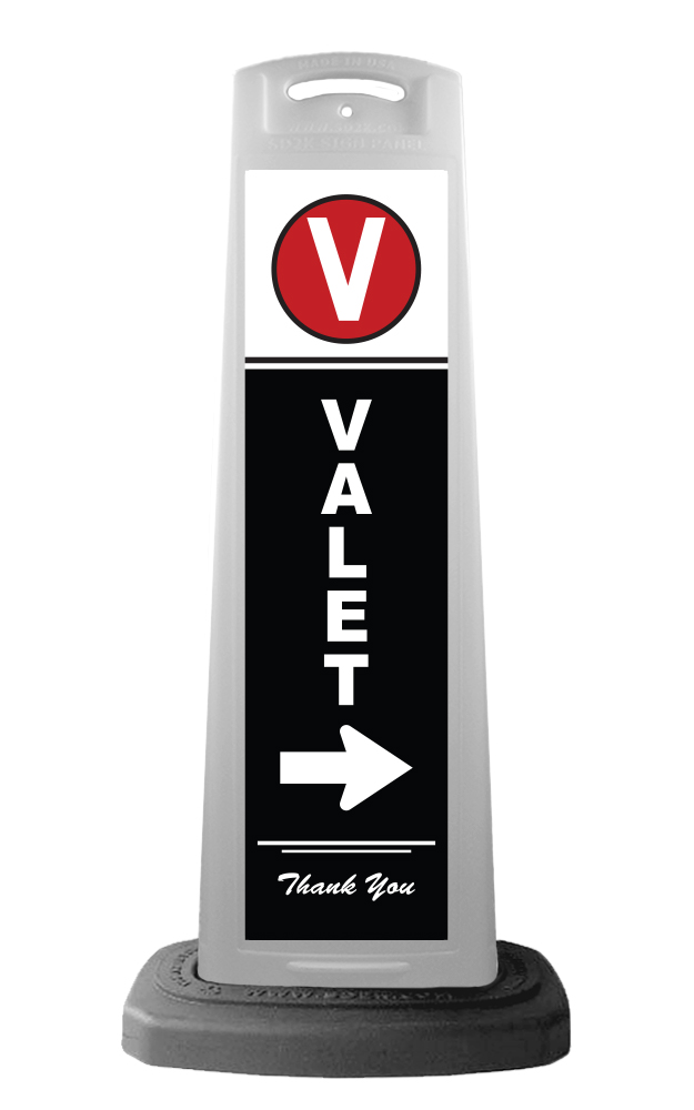 White Reflective Vertical Sign Panel w/Base Option - Valet w/White Arrow