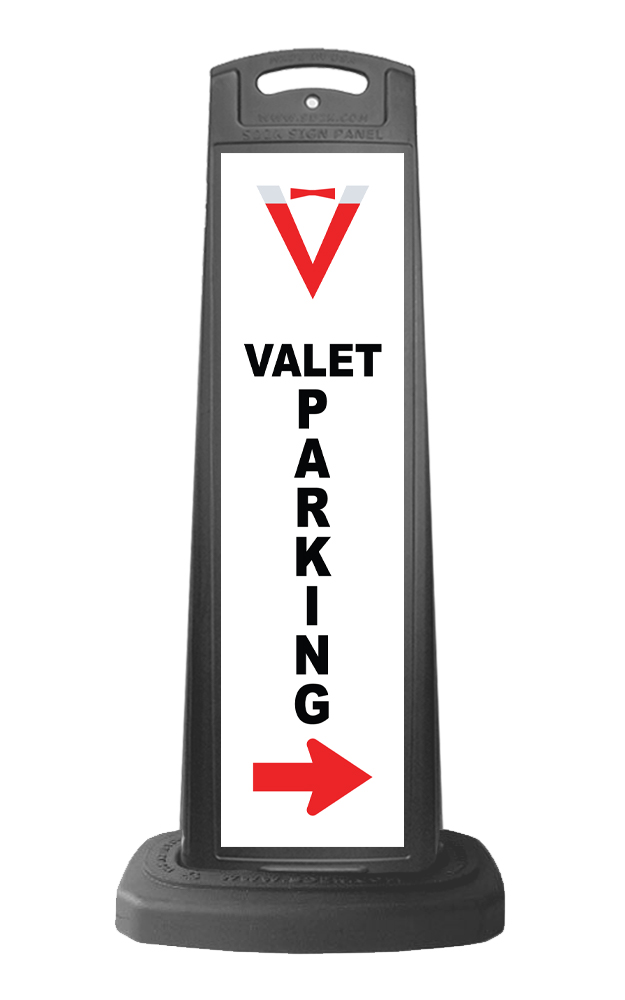 Black Reflective Vertical Sign Panel w/Base Option -  Valet Parking w/Arrow