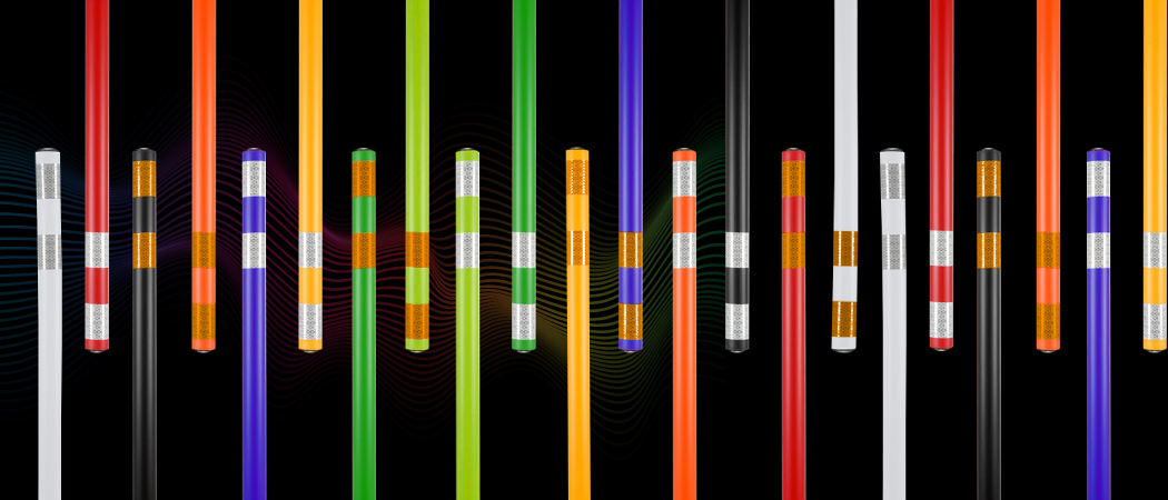 Omniflex delineators in multiple colors with durable rebound base for branded traffic control at events, valet, and work zones.
